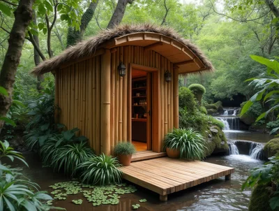 Bamboo Cabin Retreat Beside A Forest Waterfall