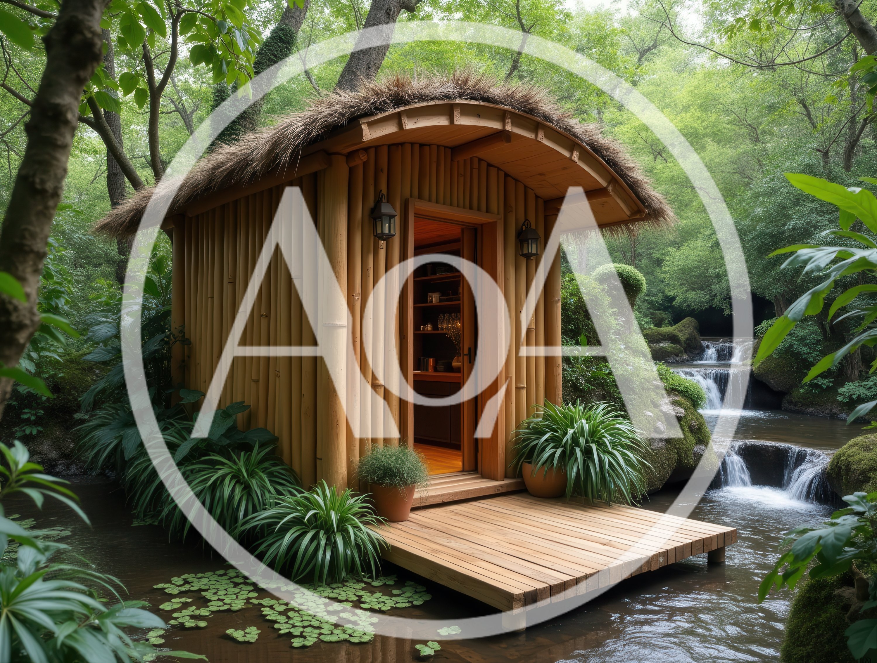 Bamboo Cabin Retreat Beside A Forest Waterfall