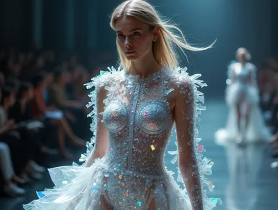 Fashion Model Walking The Runway In Crystal Embellished Gown