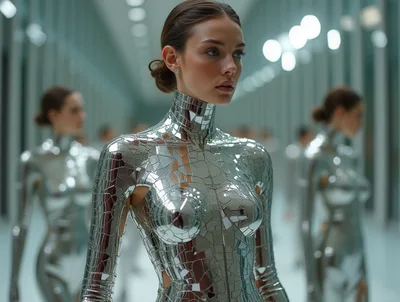 Futuristic Woman Wearing Reflective Mosaic Mirror Bodysuit