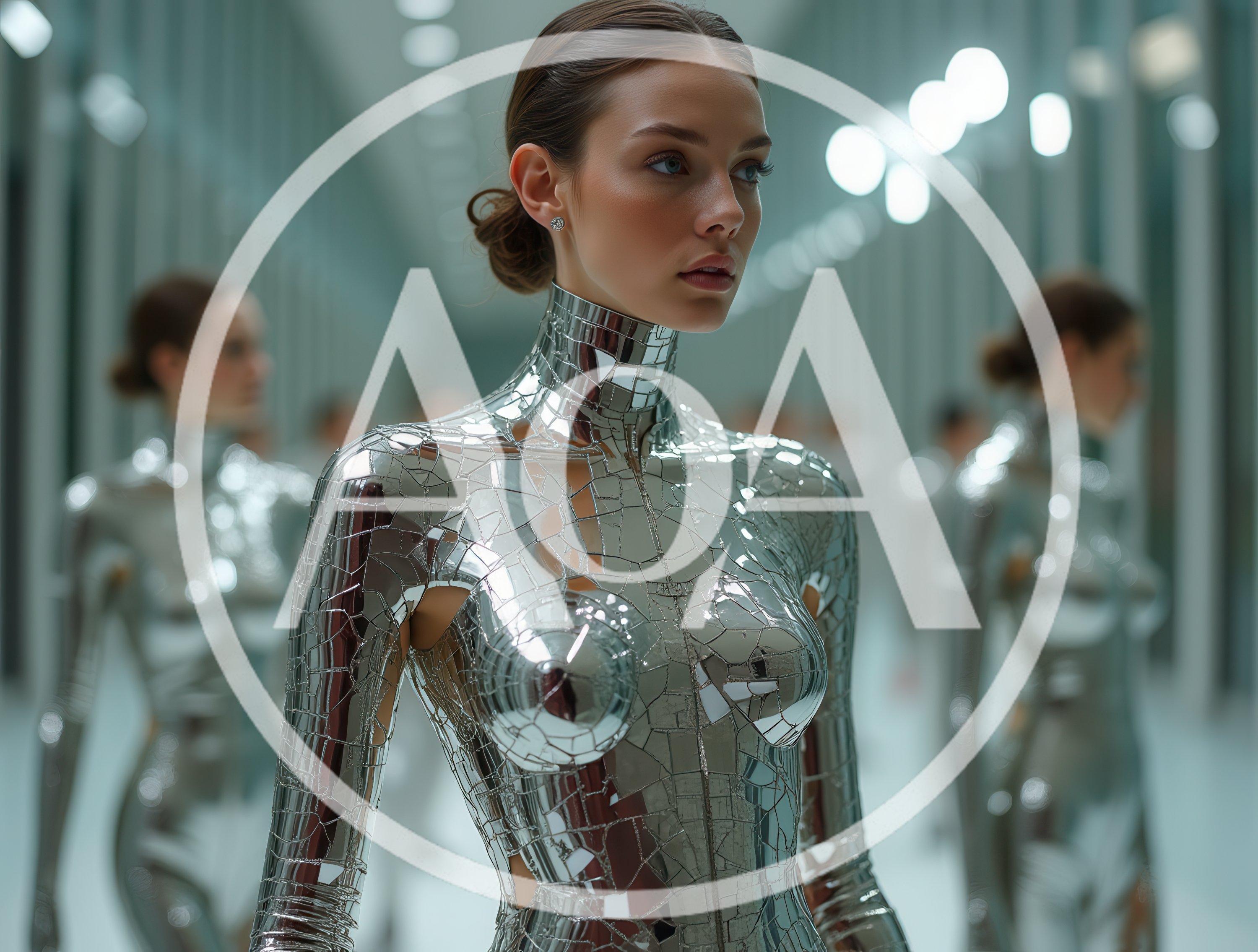 Futuristic Woman Wearing Reflective Mosaic Mirror Bodysuit