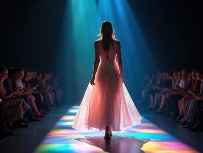 Model Walking Down A Fashion Runway In Pink Gown