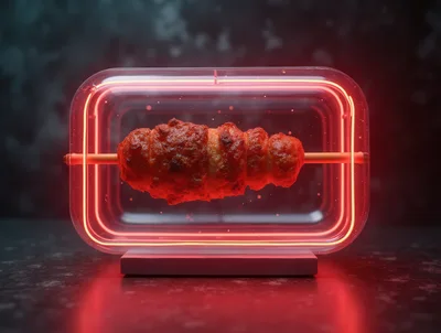 Neon Framed Skewer Of Roasted Meat