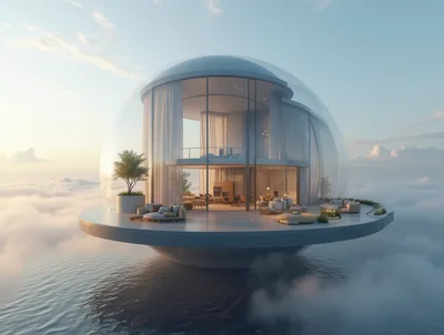 Futuristic Luxury Glass Dome House Floating Above Clouds