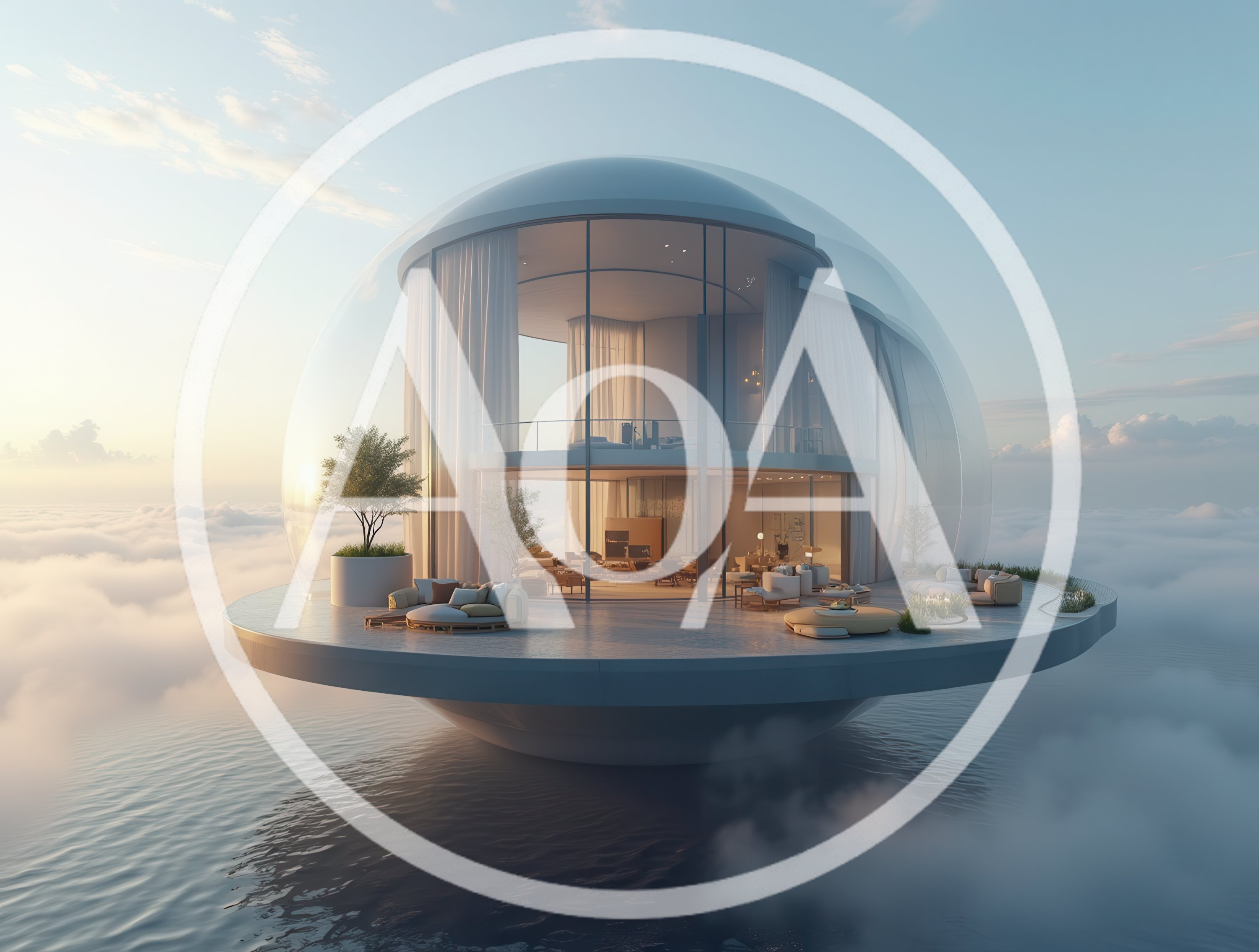 Futuristic Luxury Glass Dome House Floating Above Clouds