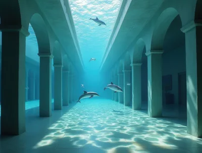 Dolphins Swimming Through An Underwater Architectural Hallway