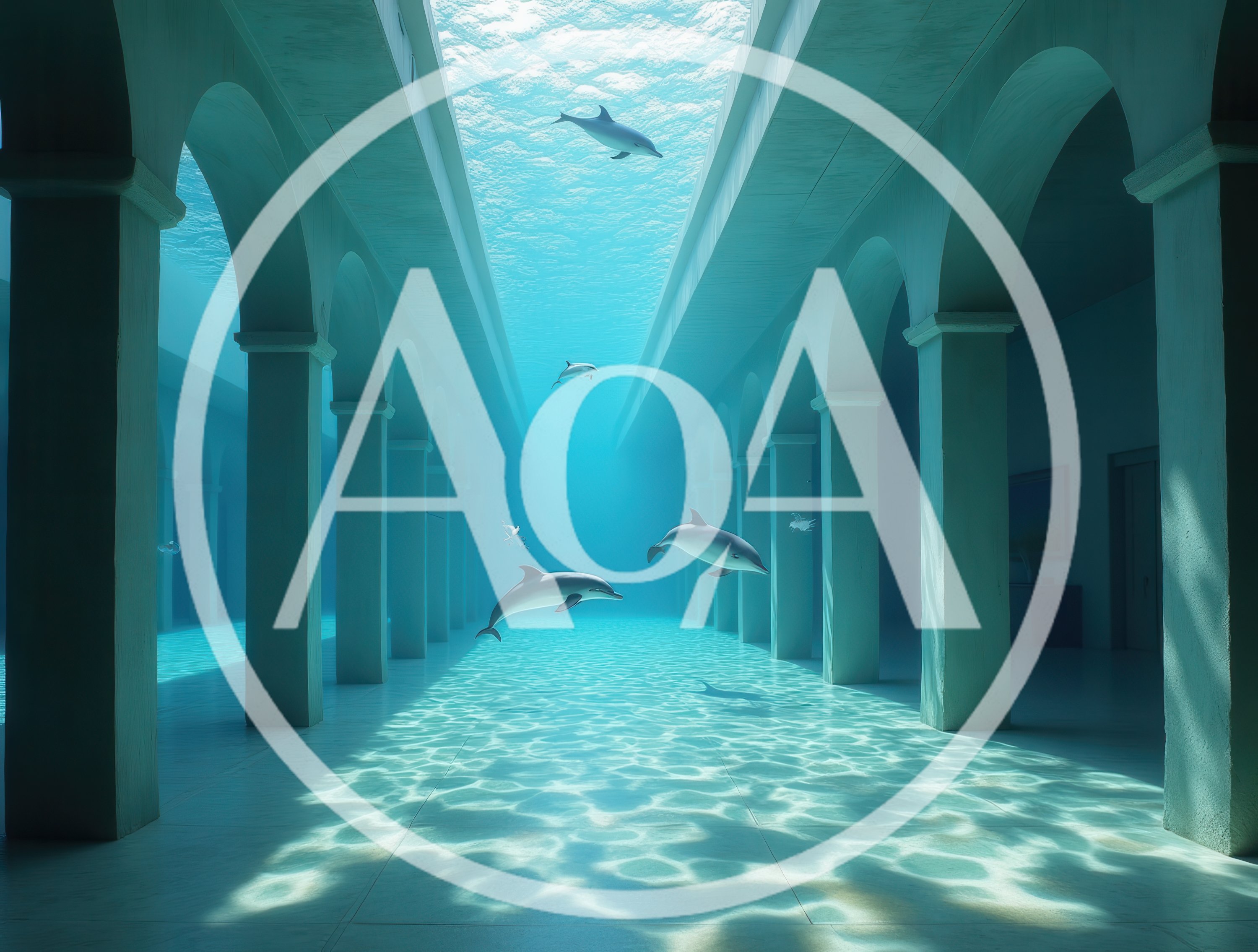 Dolphins Swimming Through An Underwater Architectural Hallway