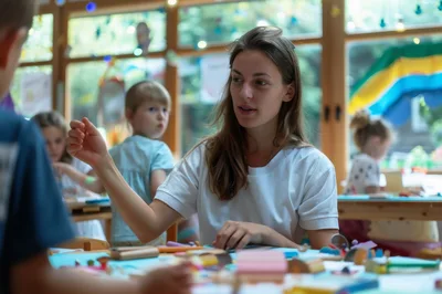 Teacher Guiding Children During Classroom Craft Activity