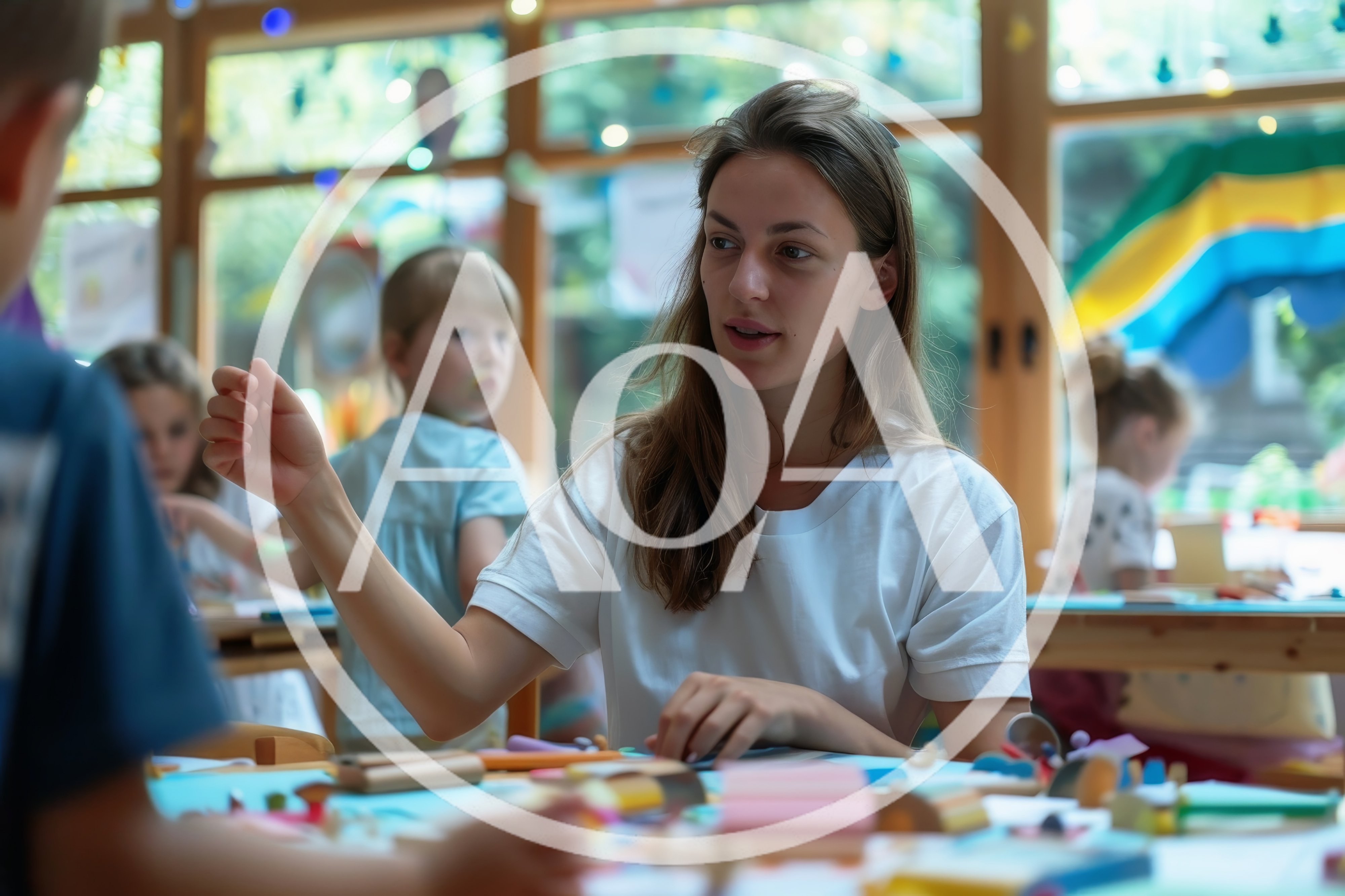 Teacher Guiding Children During Classroom Craft Activity