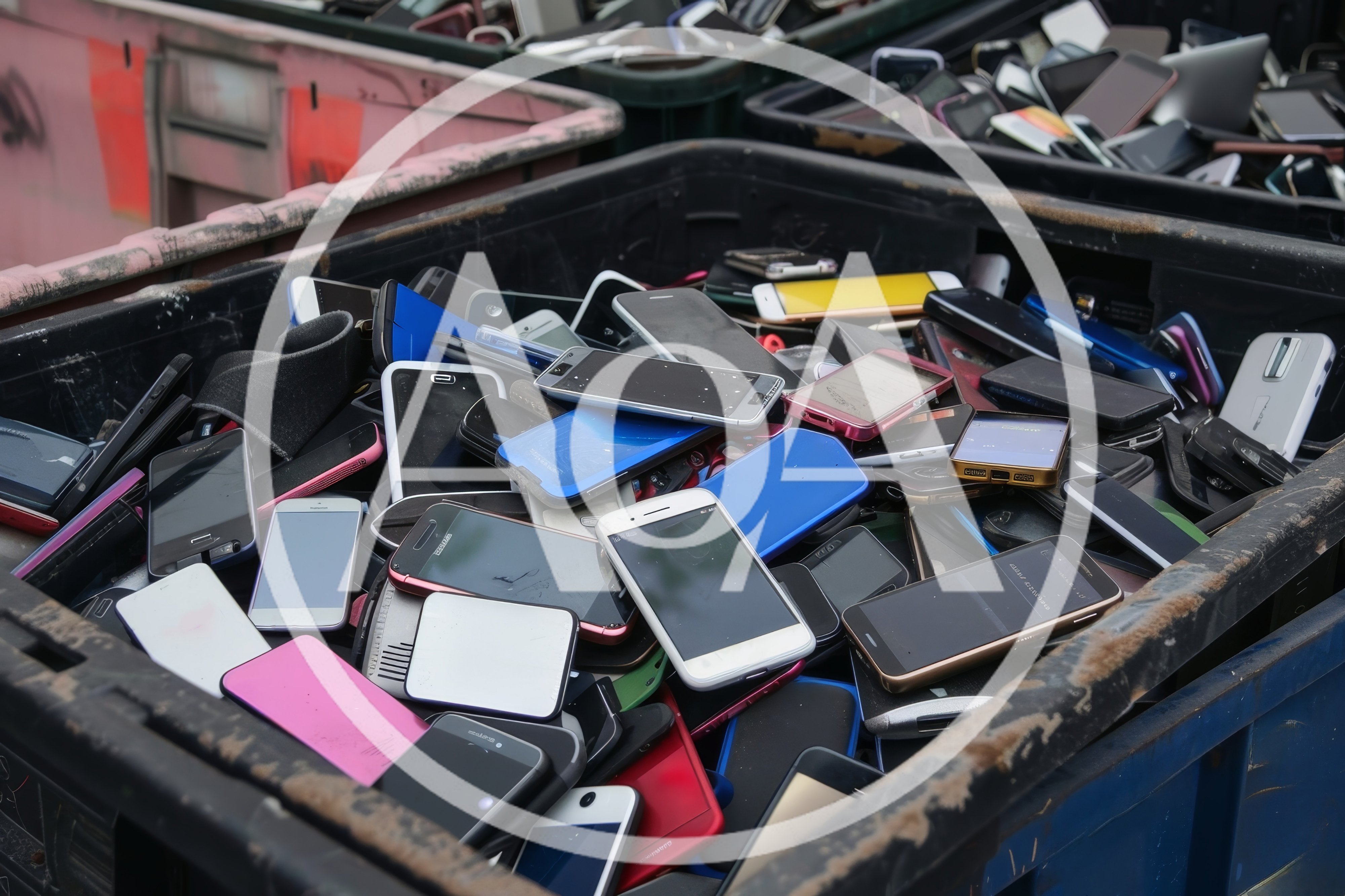 Pile Of Discarded Used Smartphones In Recycling Bin