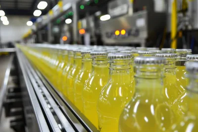 Yellow Soda Bottles Moving Along Industrial Conveyor Belt