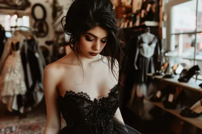 Elegant Woman In Black Lace Corset Dress