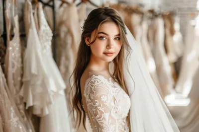 Beautiful Bride Wearing Lace Wedding Dress In Bridal Boutique