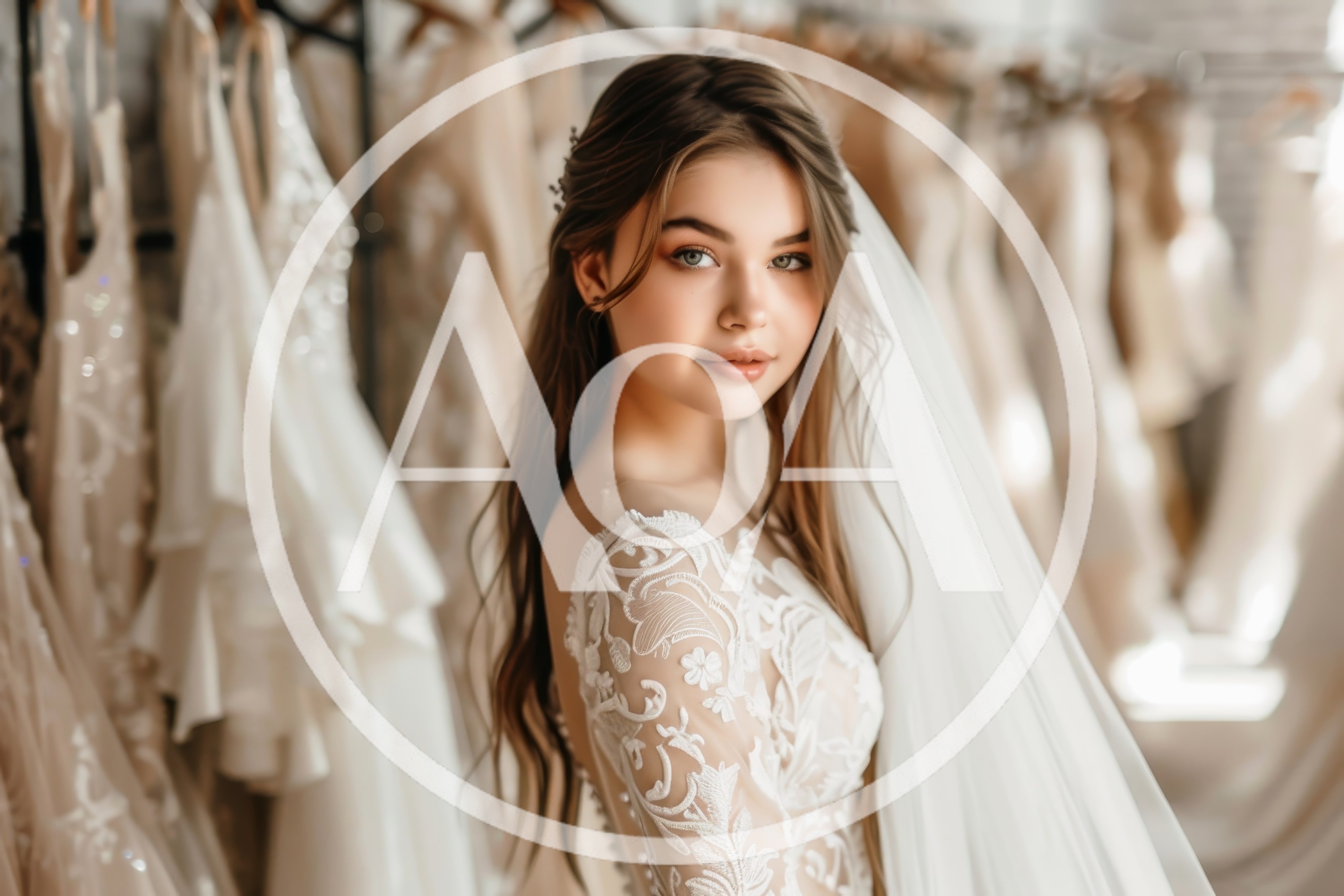 Beautiful Bride Wearing Lace Wedding Dress In Bridal Boutique