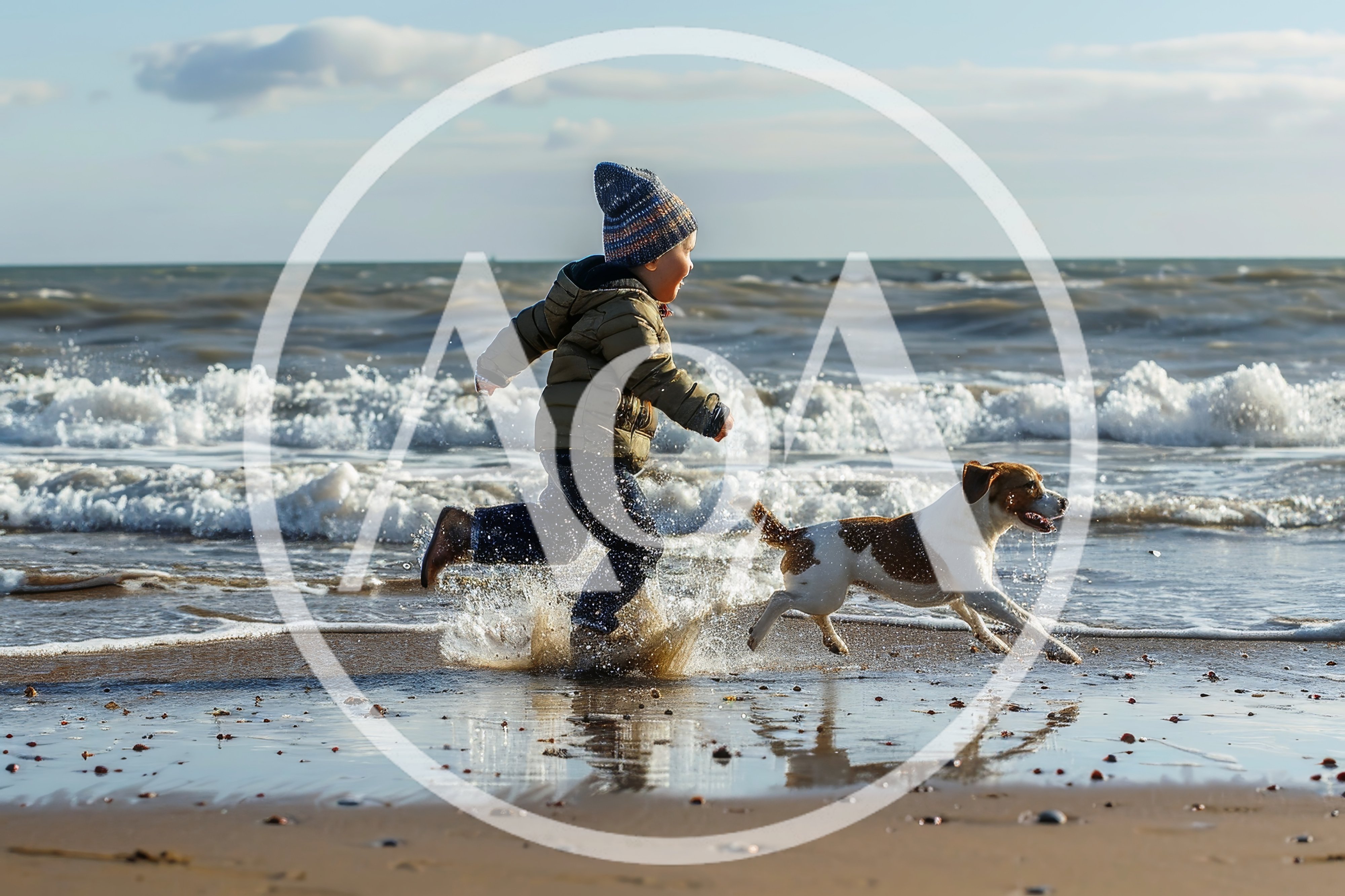 Young Boy Running With Dog On Beach
