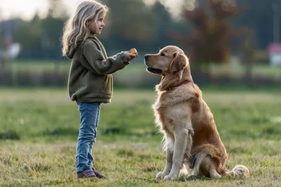 Young Girl Feeding A Golden Retriever In A Field