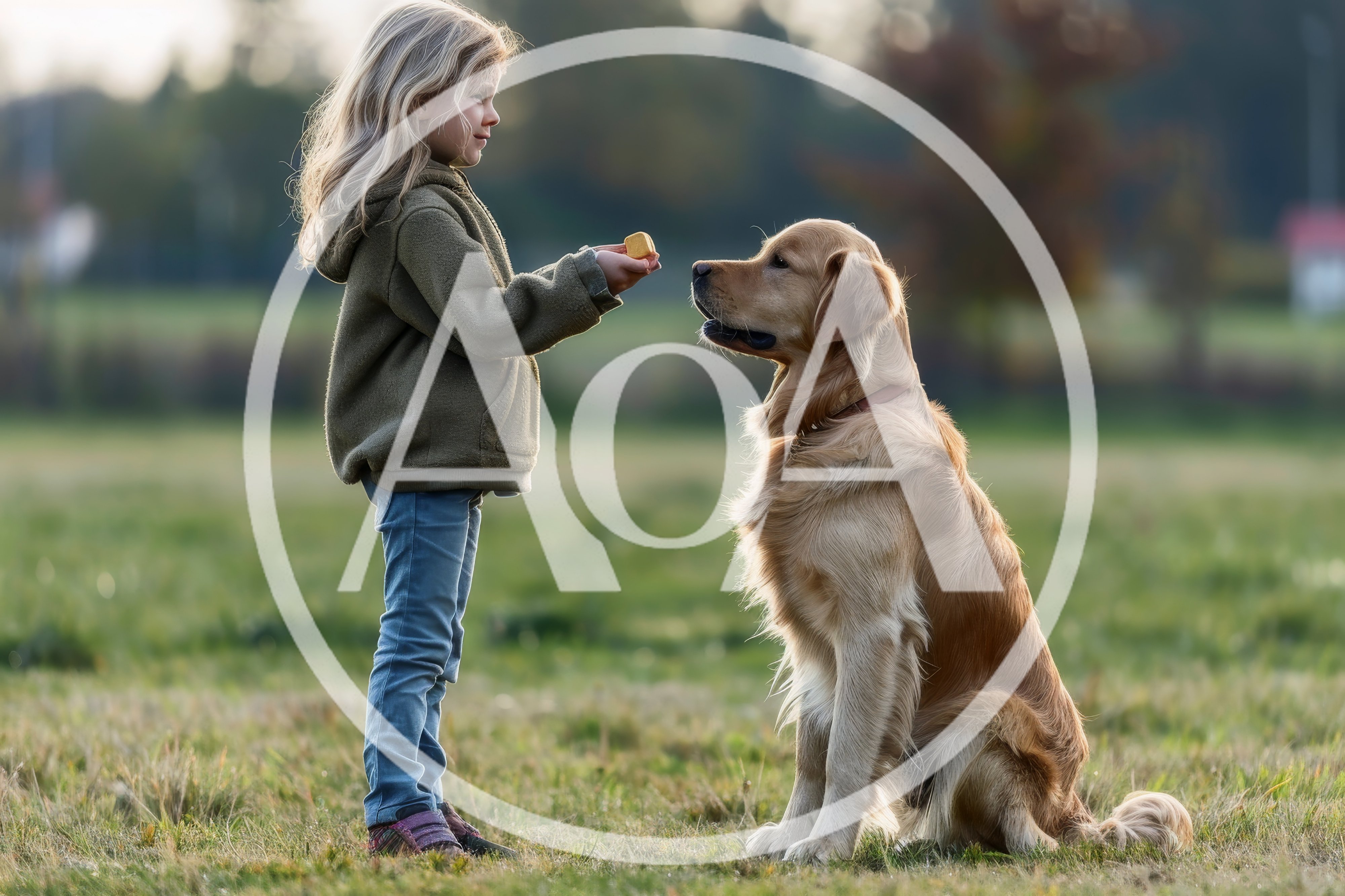Young Girl Feeding A Golden Retriever In A Field