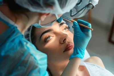 Cosmetic Professional Mapping Eyebrows For Microblading Procedure