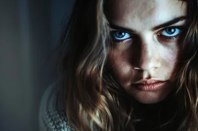 Close Up Portrait Of A Woman With Intense Gaze