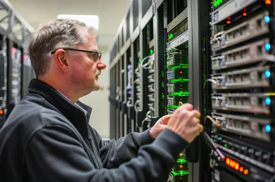 IT Technician Working On Server Rack In Data Center
