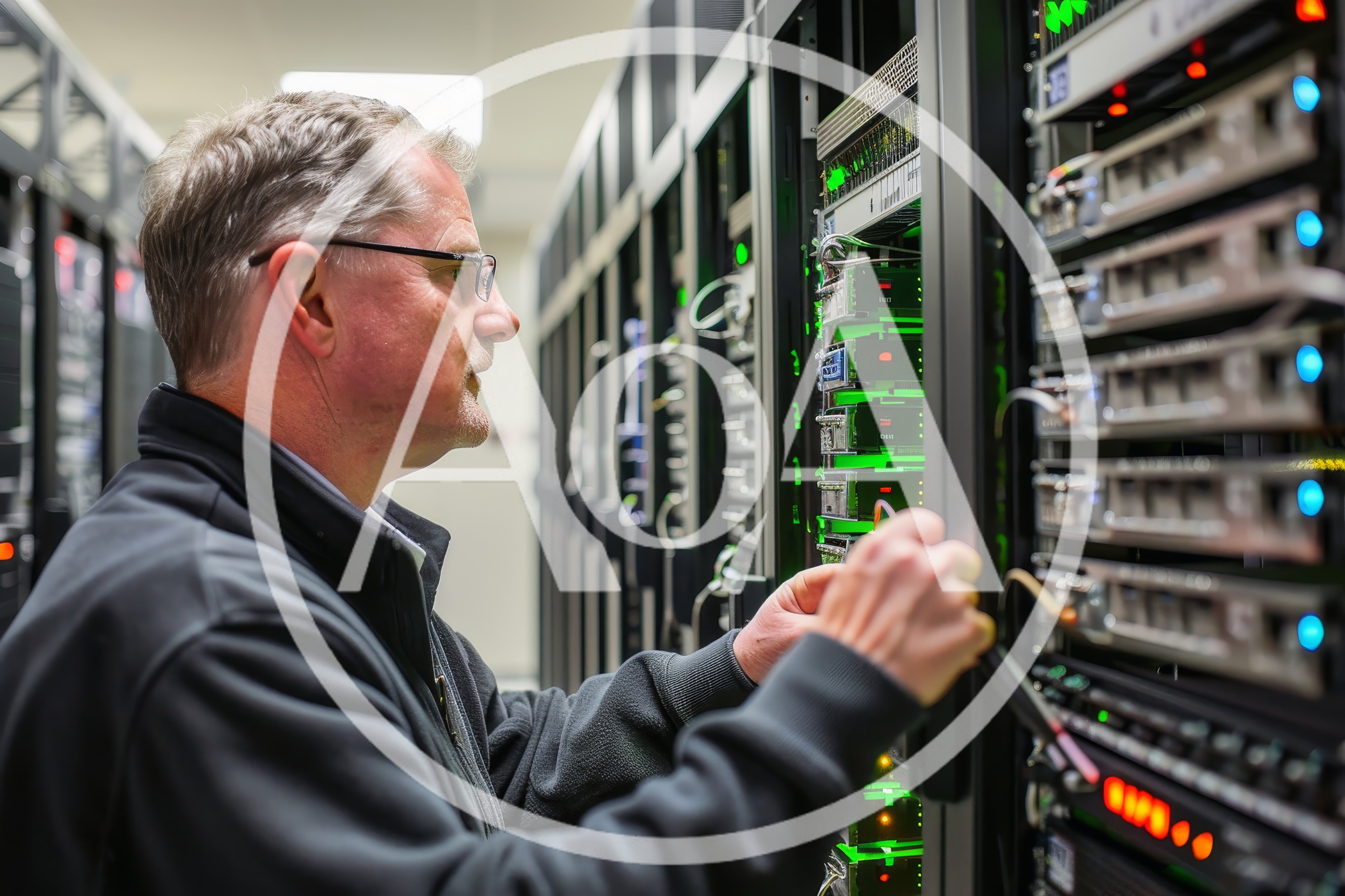 IT Technician Working On Server Rack In Data Center