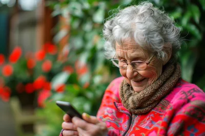Elderly Woman Smiling While Using Her Smartphone