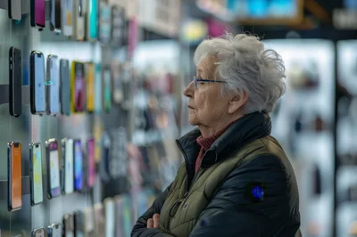 Elderly Woman Browsing Smartphone Cases In A Retail Store