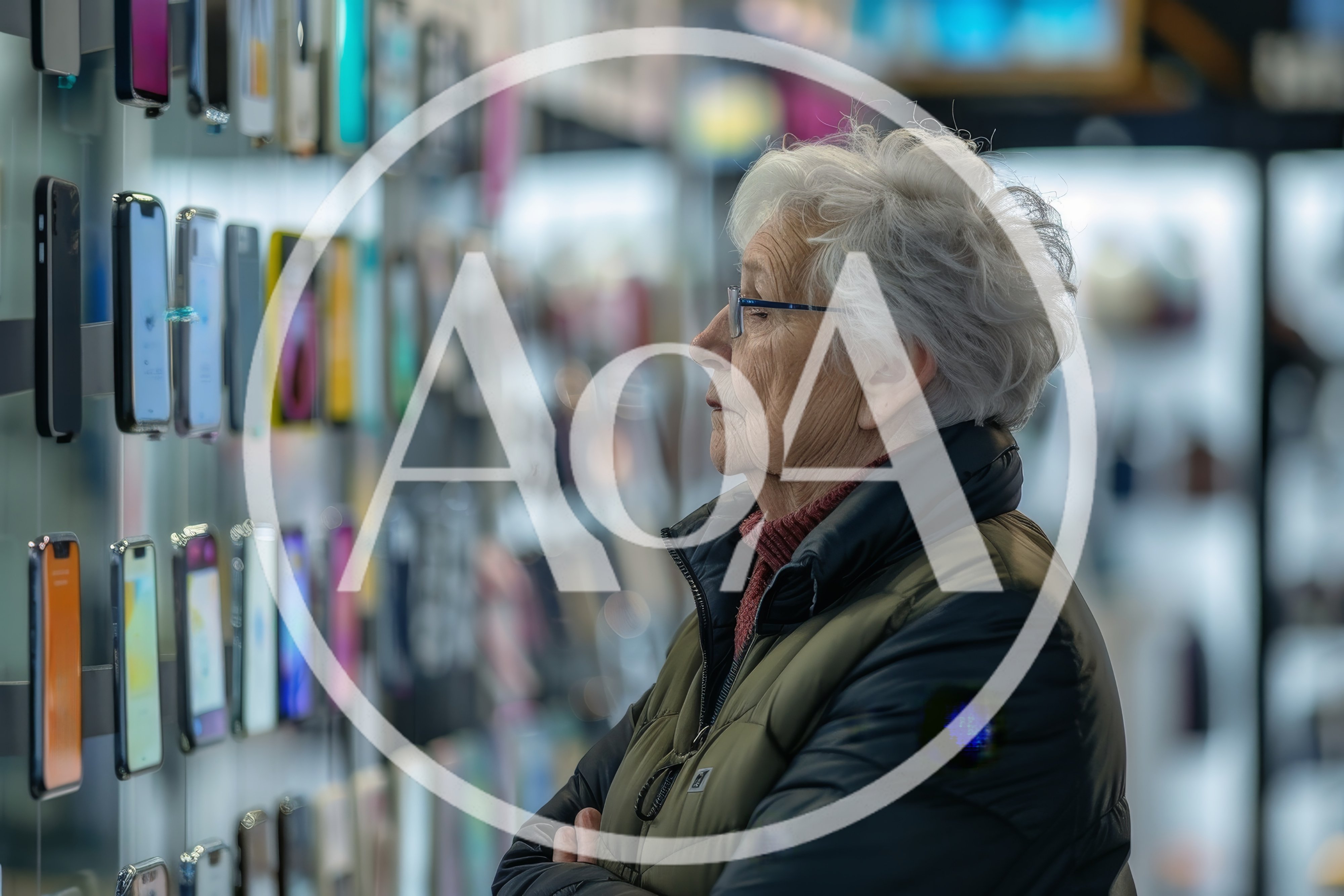Elderly Woman Browsing Smartphone Cases In A Retail Store