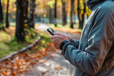 Runner Checking Smartphone During Autumn Park Workout