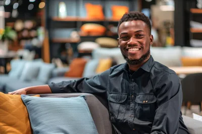 Smiling Young Man Sitting On A Sofa In Furniture Store