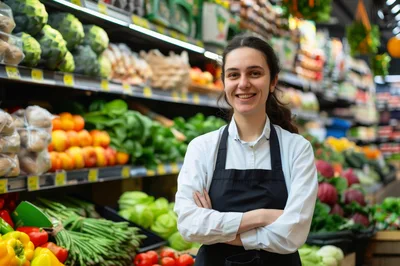 Smiling Grocery Store Clerk Standing In Produce Aisle