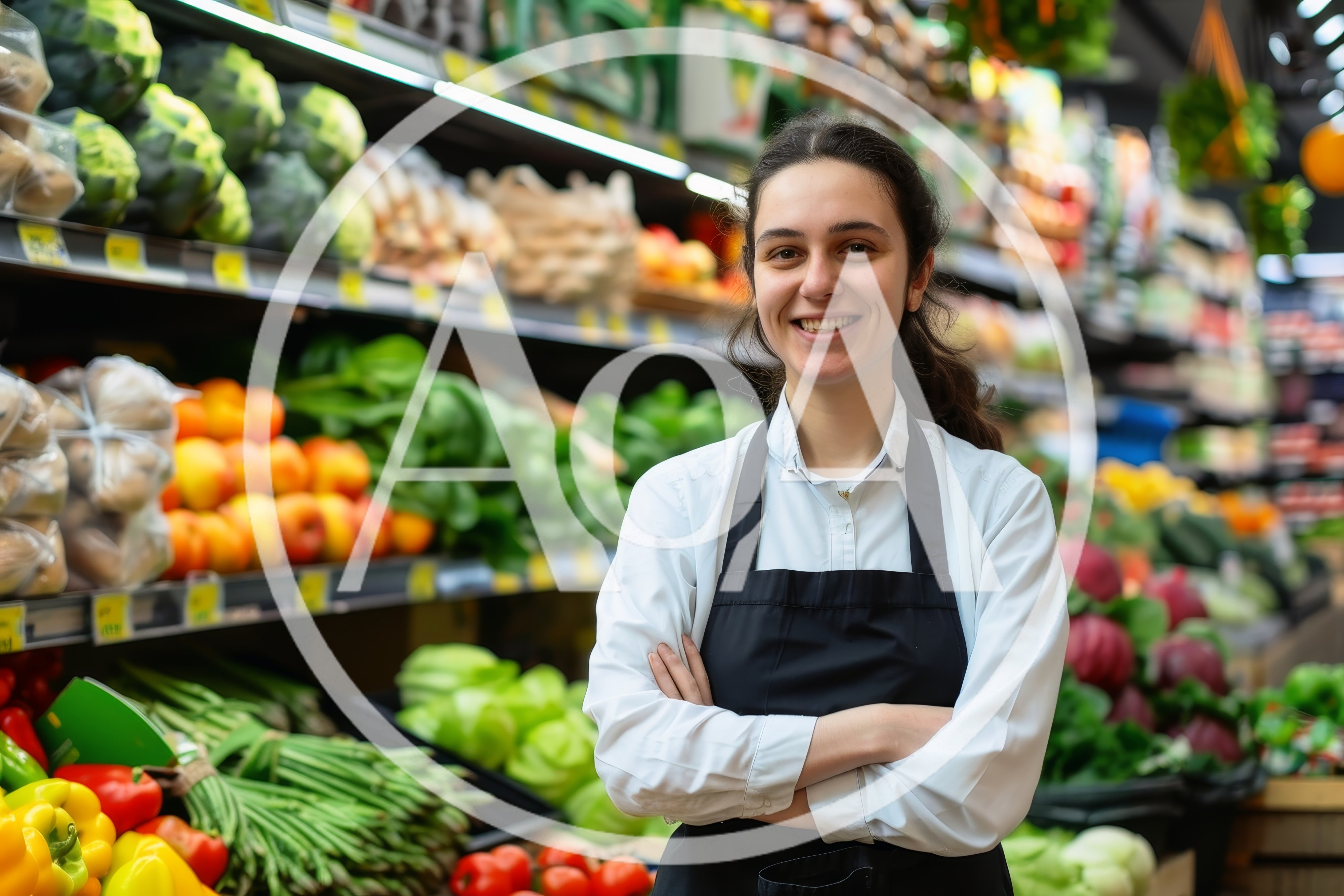 Smiling Grocery Store Clerk Standing In Produce Aisle