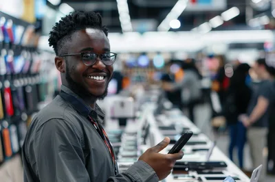 Smiling Young Man Holding Smartphone In Electronics Store
