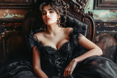 Elegant Woman In Black Victorian Gown Sitting In Chair