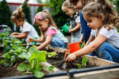 Group of Young Children Gardening in Raised Beds