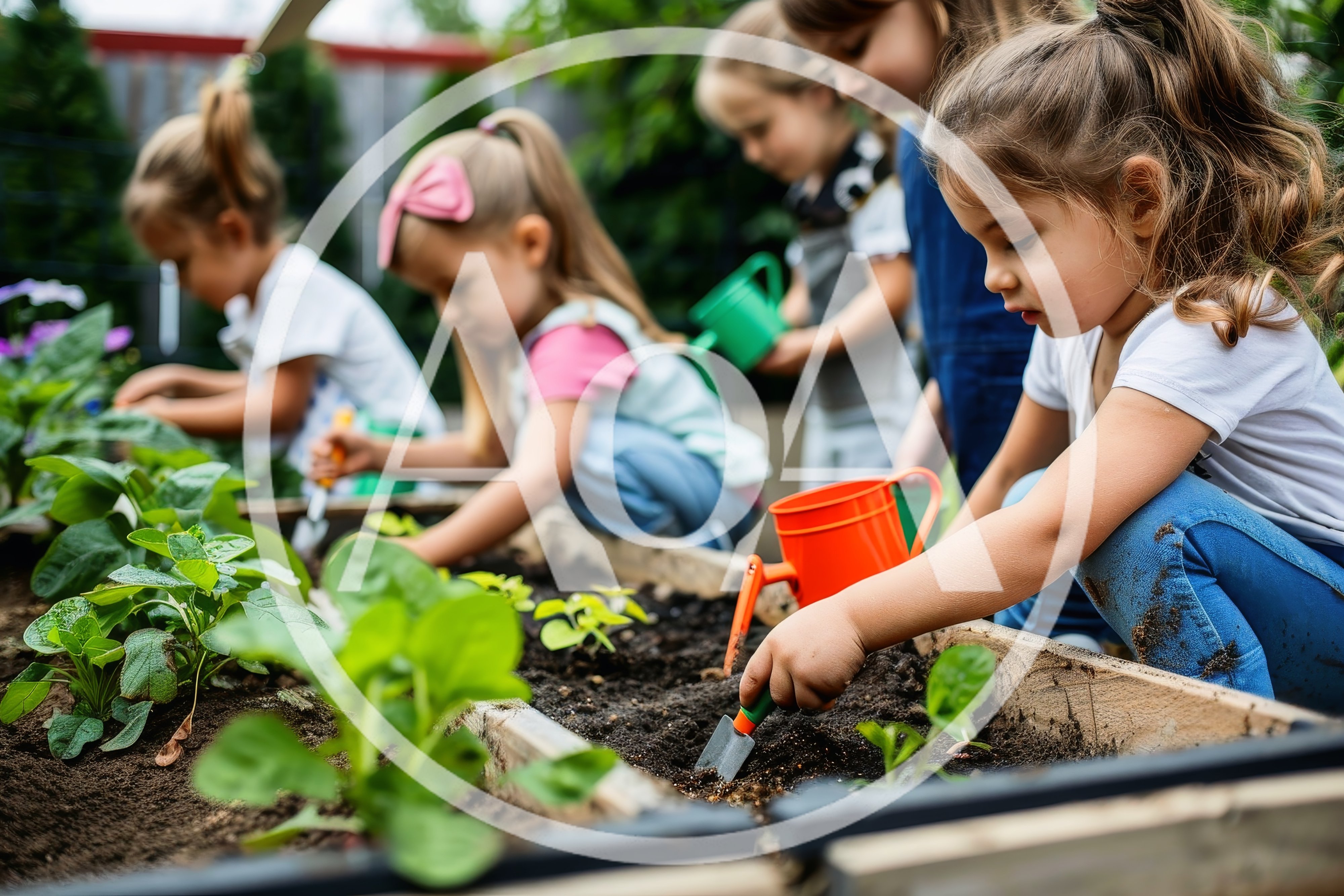 Group of Young Children Gardening in Raised Beds
