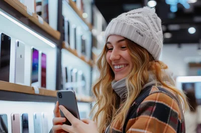 Young Woman Shopping For Smartphones In Electronics Store
