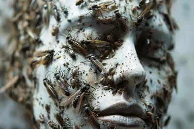 Mannequin Head Covered In Swarming Flying Insects