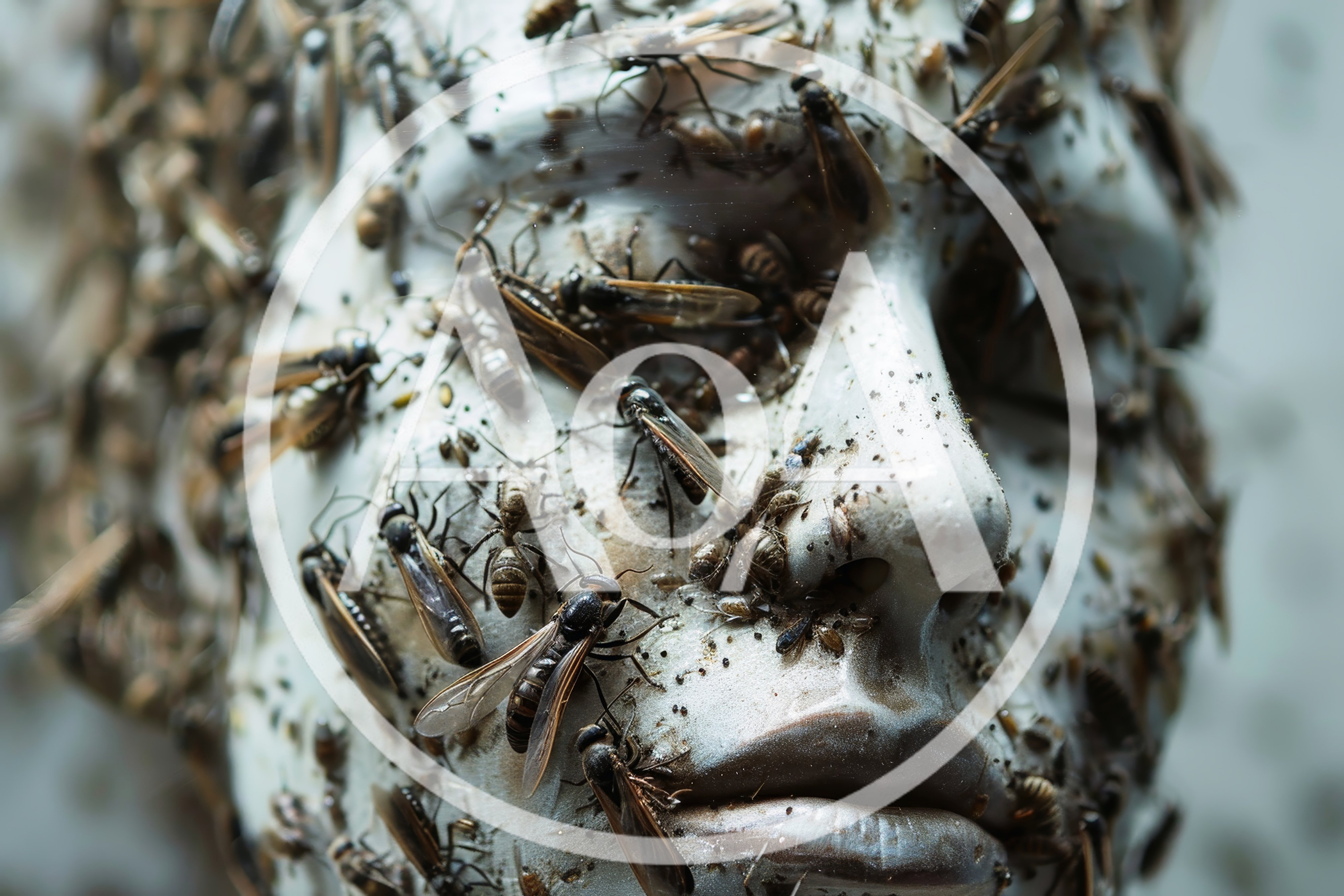 Mannequin Head Covered In Swarming Flying Insects