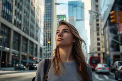 Young Woman Looking Up In A Busy City Street