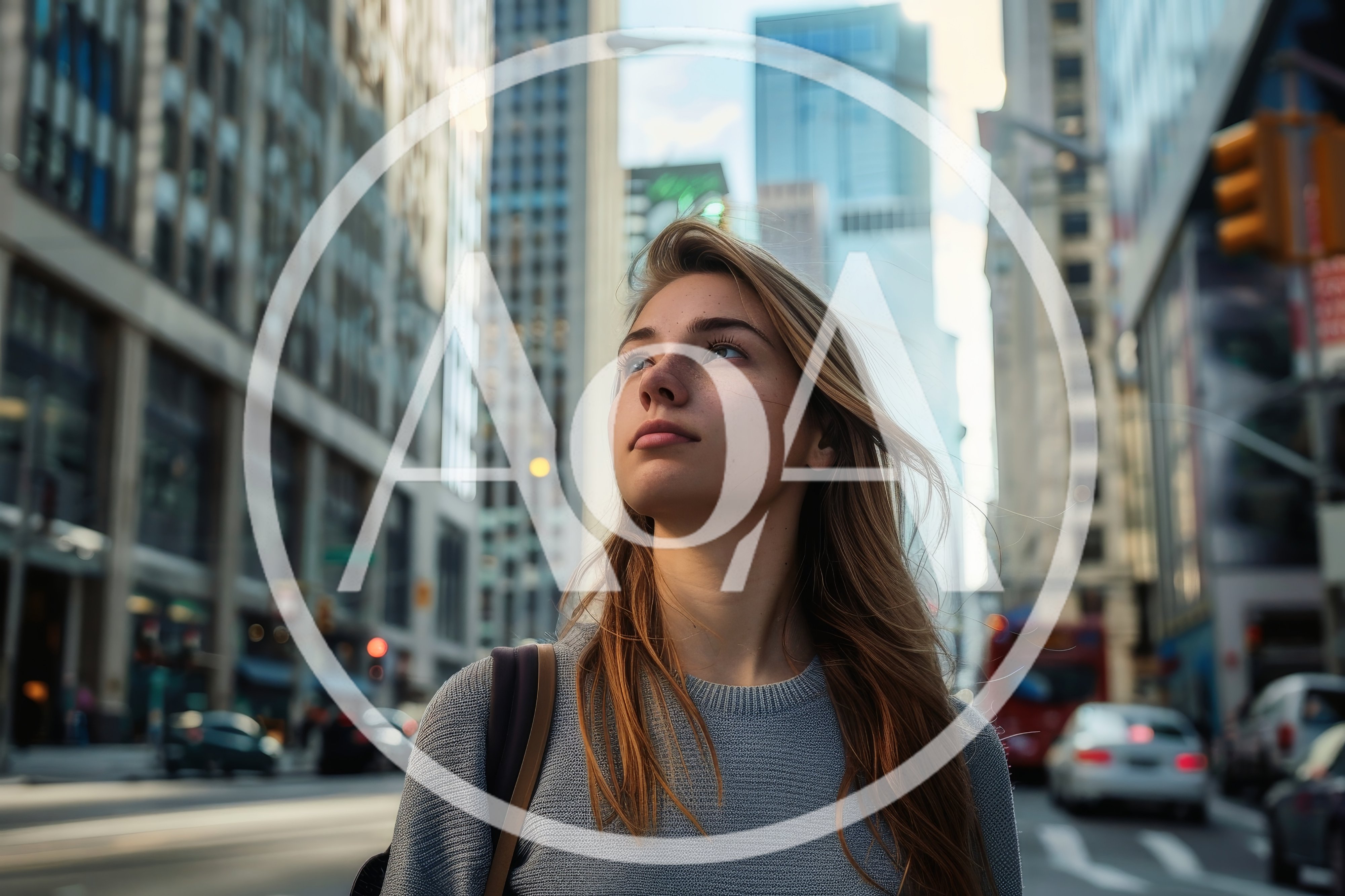 Young Woman Looking Up In A Busy City Street
