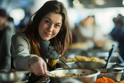 Young Woman Serving Food at a Buffet Line