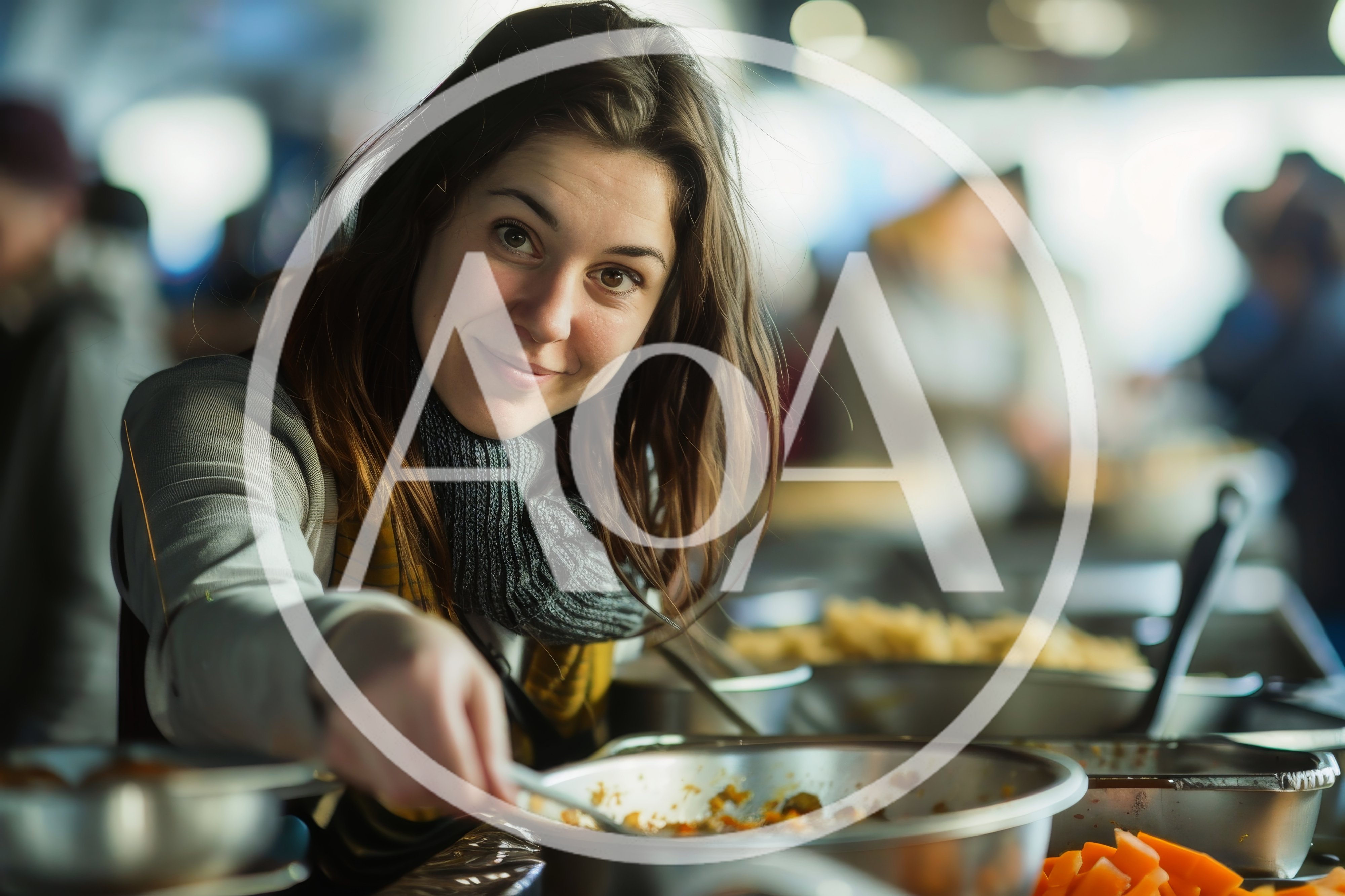 Young Woman Serving Food at a Buffet Line