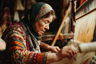 Elderly Woman Weaving Traditional Textile on Loom