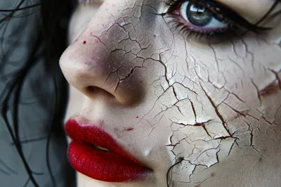 Close Up Portrait Of Woman With Cracked Makeup