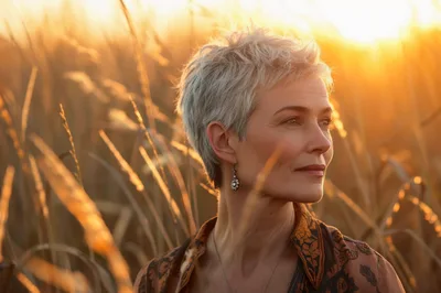 Mature Woman With Short Grey Hair In Golden Field