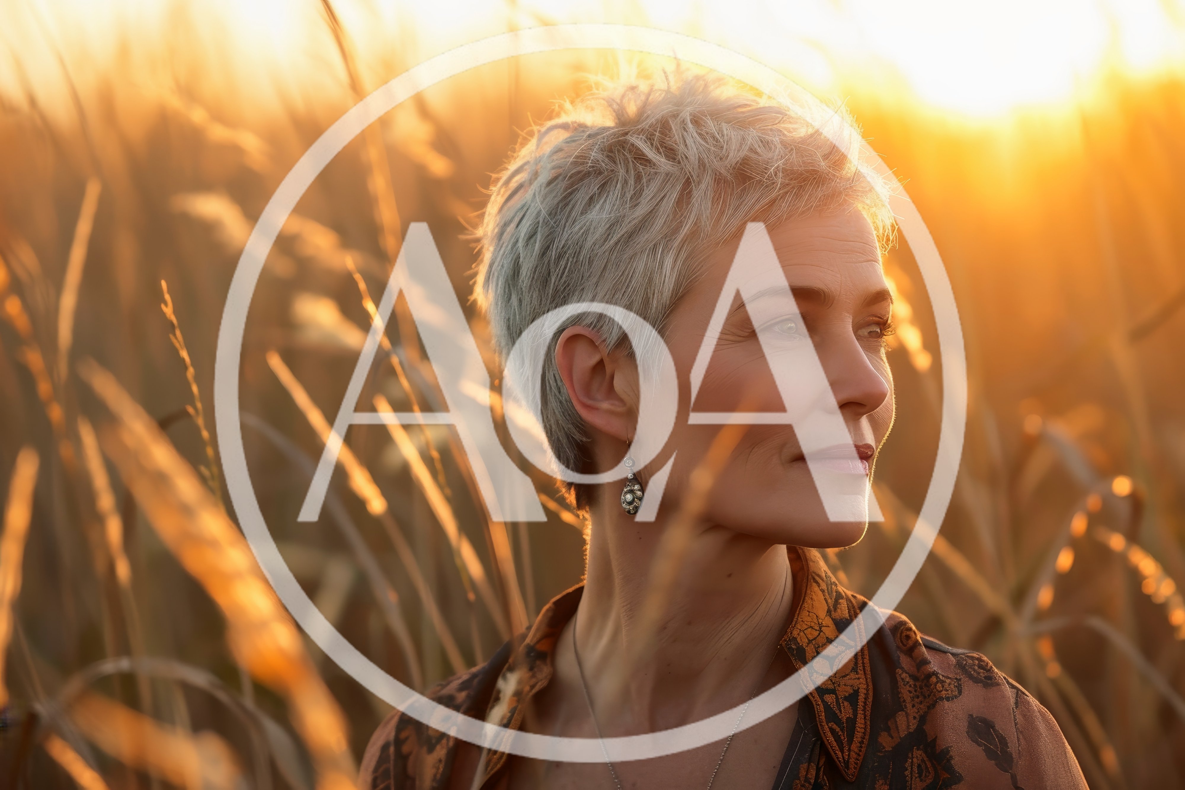 Mature Woman With Short Grey Hair In Golden Field
