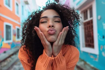 Young Woman With Curly Hair Blowing A Kiss