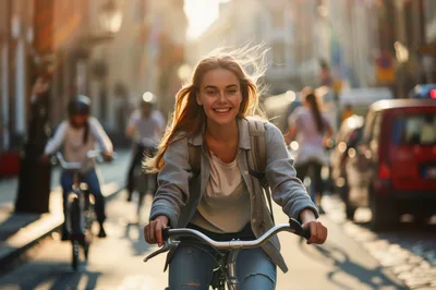 Young Woman Cycling Through A Sunny City Street