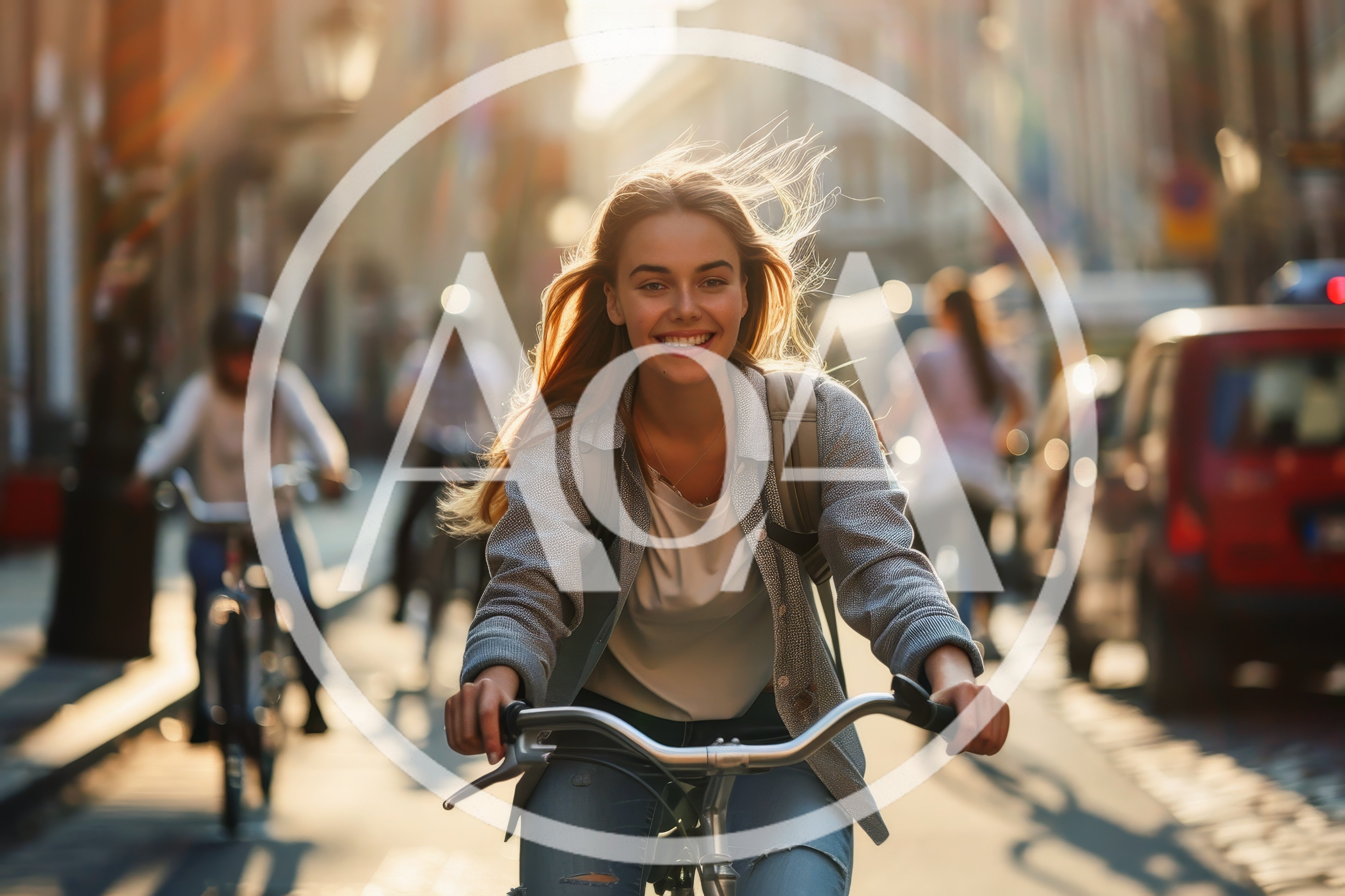 Young Woman Cycling Through A Sunny City Street